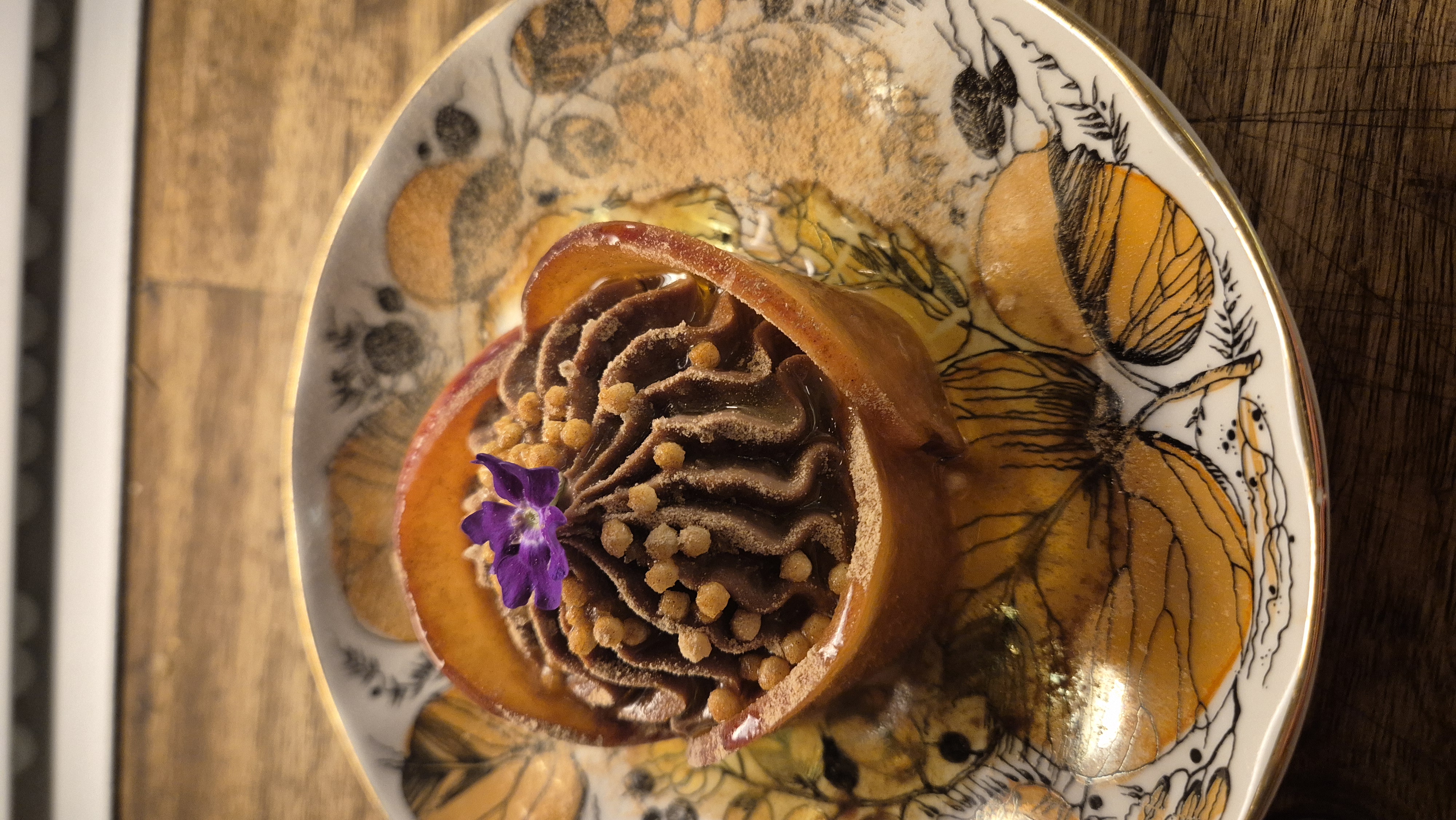 Stone fruit dessert with chocolate ganache and pearls