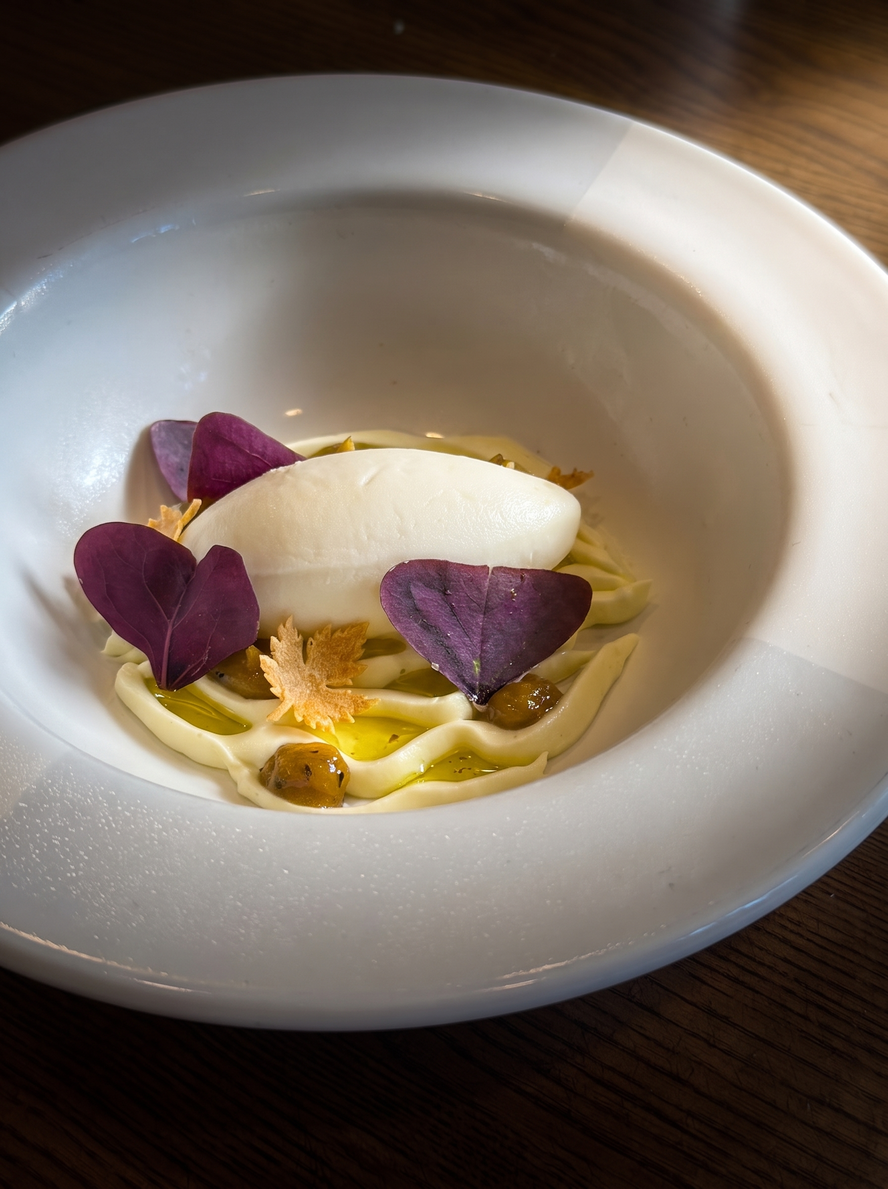 Panna cotta with pickled fruit and shiso leaves