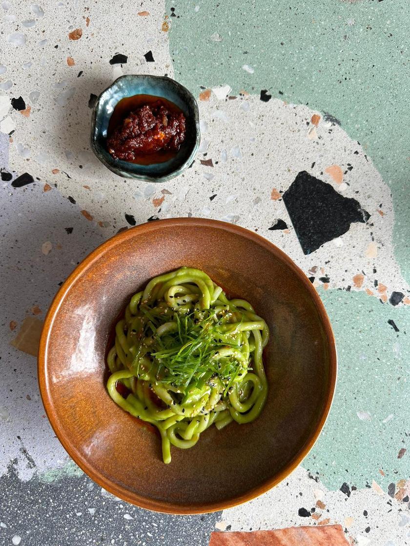 Zucchini noodles on terrazzo